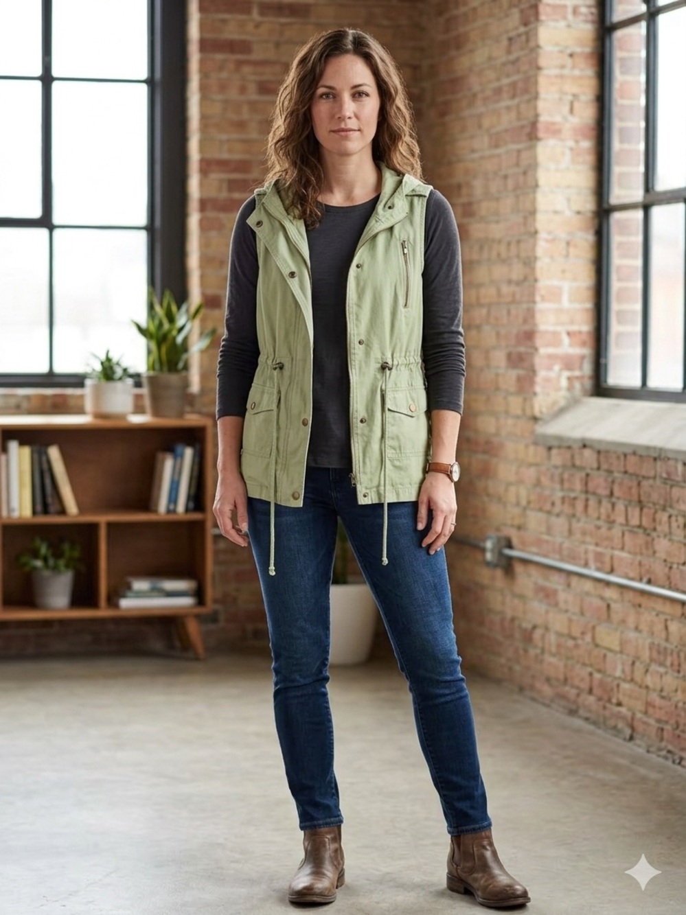 Zenana Outfitters Sleeveless Hooded Utility Vest in Light Green. Size Med.